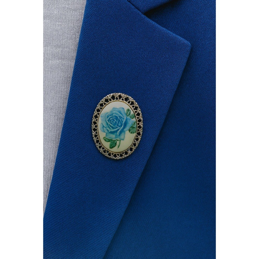 Vintage Floral Blue Rose Porcelain Brooch Pin Necklace‎ Pendant Gold Tone